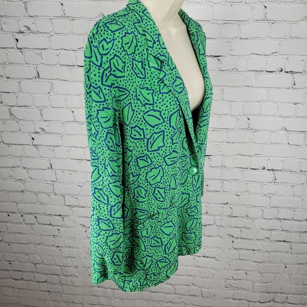 VTG Liz Claiborne Green 100% Silk Leaf Print Unlined Lightweight Jacket Size MP - Picture 13 of 13